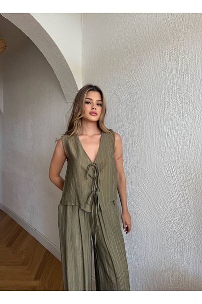 REFİŞ BUTİK VE AKSESUAR Striped Tie-Down Casual Summer Suit