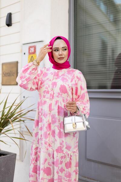 HARMAN BUTİK Γυναικείο φόρεμα με κουμπιά με μοτίβο ροζ Modal