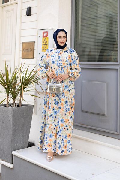 HARMAN BUTİK Women's Buttoned Patterned Blue Modal Dress