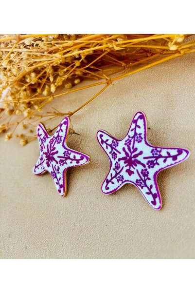 Markiz Takı Pink Embroidered Brand Star Earrings on White 6 cm