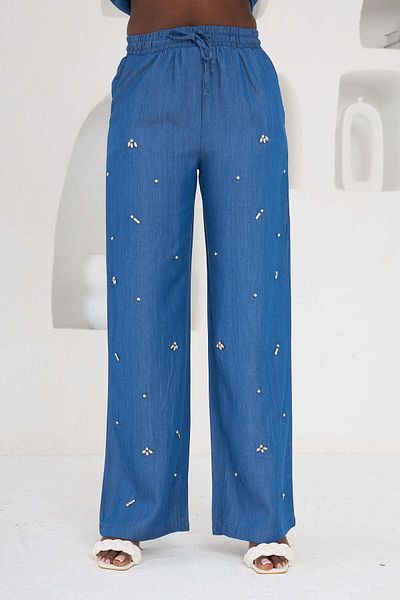 MİA NOURA PANTALON DE DAMEȚĂ ȚESUTĂ FĂȚĂ CU Mărgele Brodate
