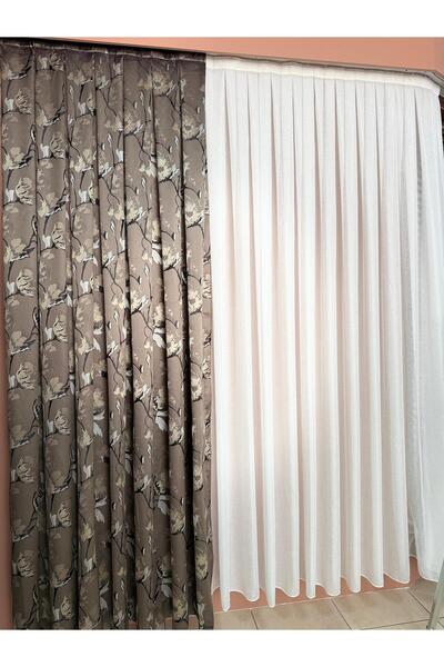 DİLETTO Coffee Beige Patterned Taffeta Background Curtain Compatible with Cornice (Frequent Pleats / Ironing Not Preferred)