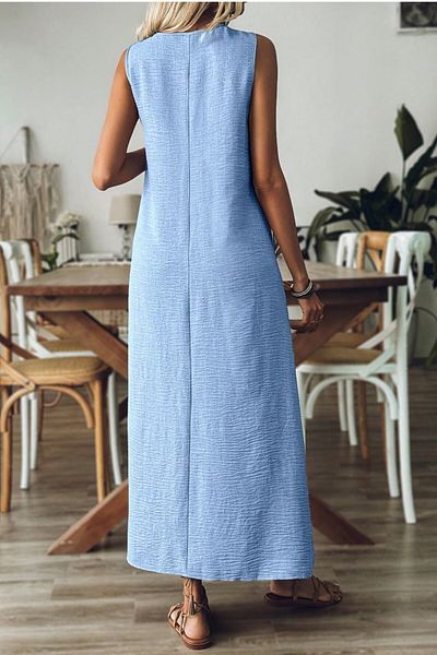 MODAGEN Rochie de damă albastru deschis cu decolteu în V, fără mâneci, lungime maxi, din in