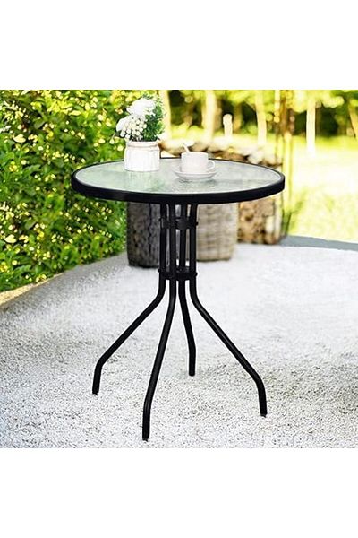 Generic Stylish Round Patio Table with Tempered Glass Top and Durable Metal Frame (BLACK)