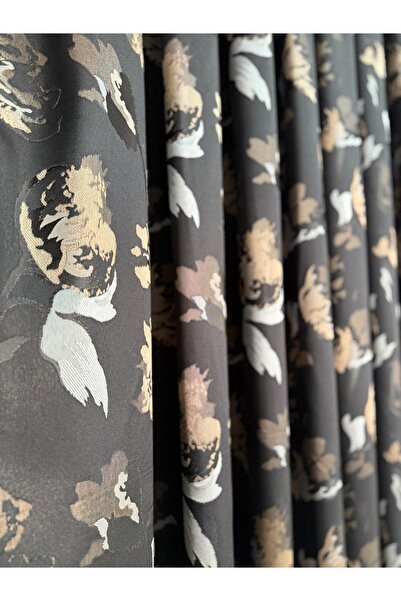 DİLETTO Black Beige Patterned Taffeta Background Curtain Compatible with Cornice (Frequent Pleats / Ironing Not Preferred)