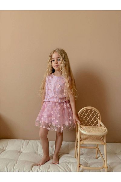 YİGİT BUTİK Yigit Boutique Flower Embroidered Tulle Girl's Suit