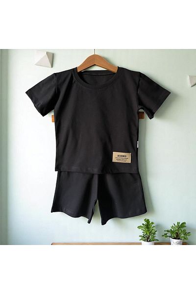 opheliateks Basic Girl-Boy Summer Shorts Set with Coat of Arms-Black