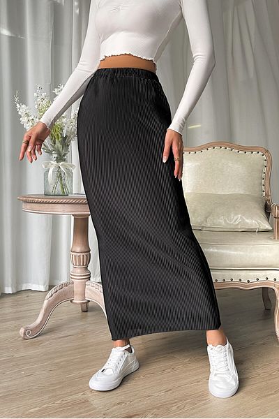 MODAGEN Women's Black Elastic Waist Maxi Length Pleated Skirt