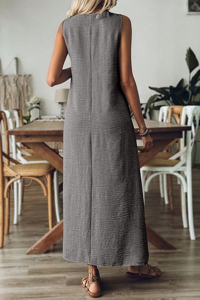 MODAGEN Women's Dark Gray V-Neck Sleeveless Maxi Length Linen Dress
