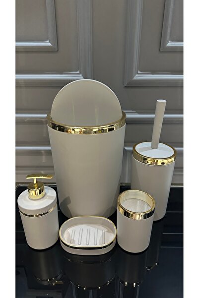 Vakıf home Yuvarlak Antrasit Gold 5 Parça Akrilik Banyo Seti