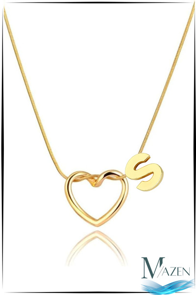 MAZEN Altın Renk Kalpli Harf Detaylı Kolye – Kararmaz Cerrahi Çelik – S Harfi
