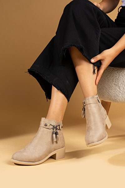 Pembe Potin Women's Cream Suede Poly Sole Zippered Buckle Daily Comfortable Fit Warm Lined Boots