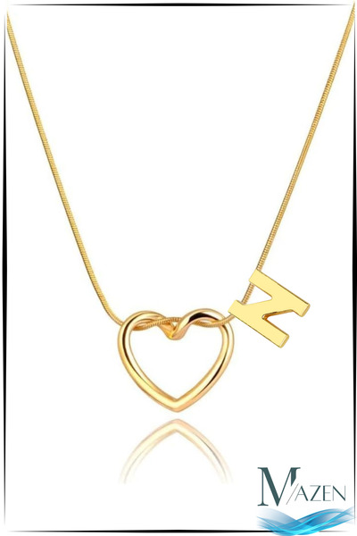 MAZEN قلادة على شكل قلب ذهبي اللون - فولاذ جراحي غير قابل للتلطيخ - حرف N