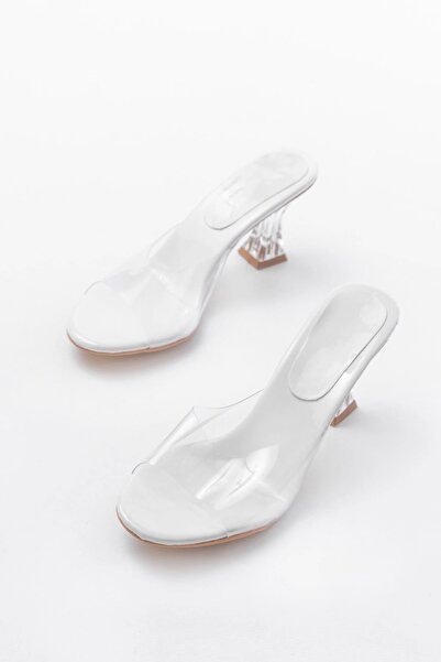 No8 Home S-619 White Patent Leather Transparent Banded Transparent Heeled Round Toe Women's Slippers
