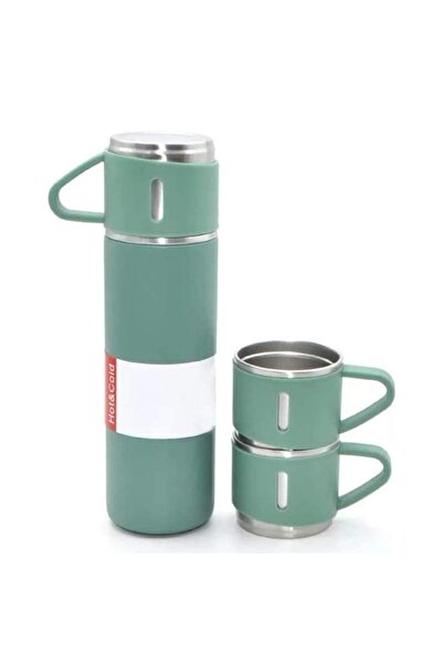 SIKS Set termos din oțel inoxidabil cu 2 căni suplimentare, pereți dubli, capacitate 500 ml, verde