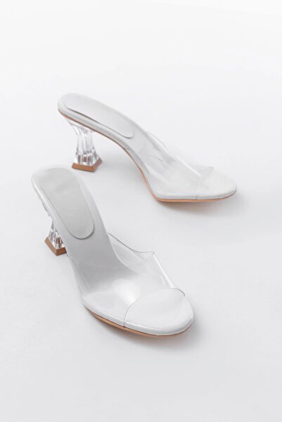 No8 Home S-619 White Patent Leather Transparent Banded Transparent Heeled Round Toe Women's Slippers