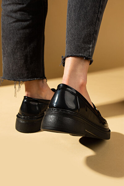 Pembe Potin Women's Black Patent Leather Loafer Moccasin Casual Buckle Daily Comfortable Sole Shoes