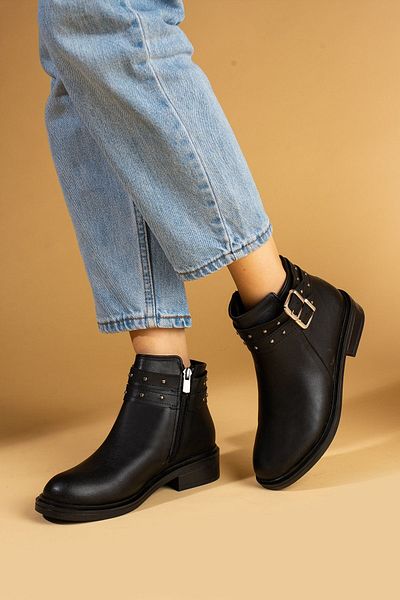 Pembe Potin Women's Black Poly Sole Zippered Buckle Daily Comfortable Warm Lined Boots