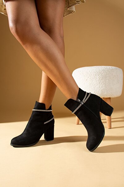 WMİLANO Kadın Siyah Süet Topuklu Fermuarlı Rahat Taban Günlük Kullanım Tokalı Klasik Bot