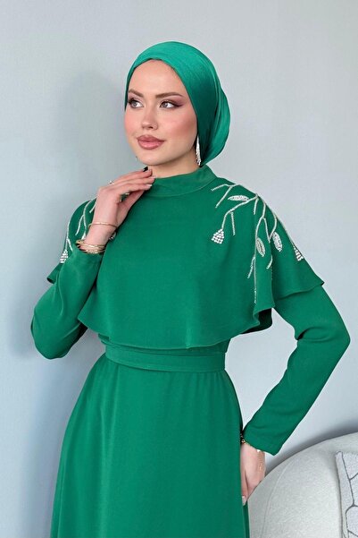 HAZA MODA Milan Taşlı Abiye Yeşil