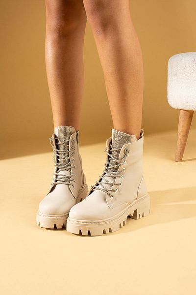 Pembe Potin Women's Beige Lace-Up Poly Sole Zippered Daily Comfortable Warm Lined Boots