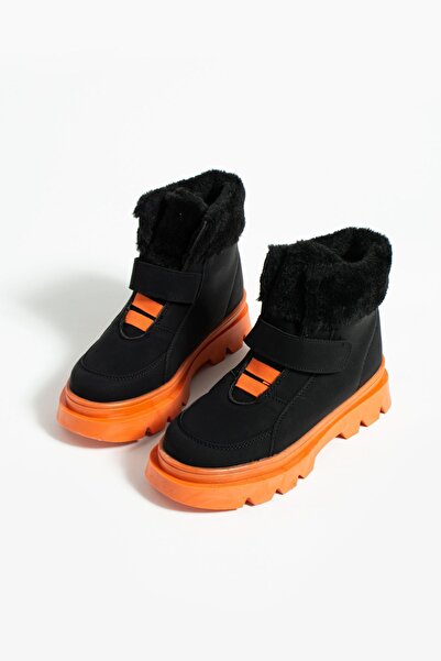 Pembe Potin Children's Black Orange Fur Lined Velcro Comfortable Sole Boots