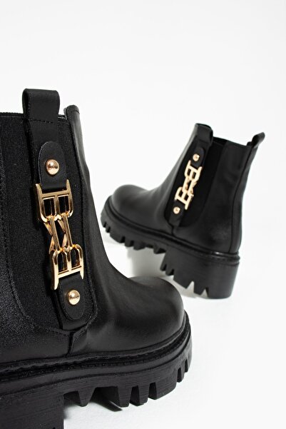 Pembe Potin Kadın Siyah Tokalı Rahat Kalıp Kaymaz Taban Lastikli Sıcak Astar Günlük Rahat Bot