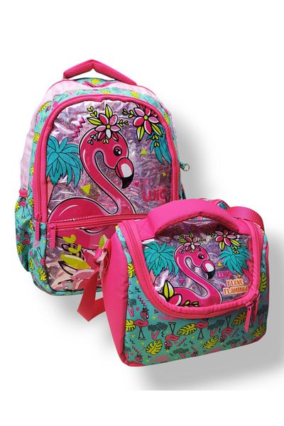 Dadacuq Three Compartment Flamingo Printed School Bag Thermos Nutrition and Pen Holder Set