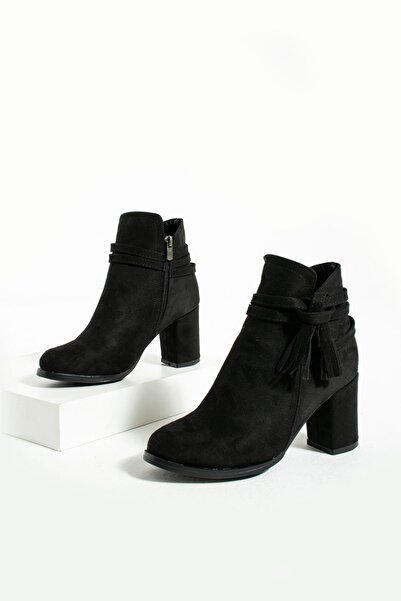 Pembe Potin Women's Black Suede Heeled Zippered Comfortable Sole Daily Use Buckle Classic Boots