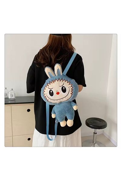 happystoretr Blue Labubu Cartoon Doll Large Capacity Backpack Portable Girl Outing Fashion Bag