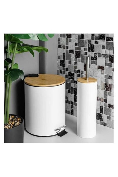 BREZIUM Set accesorii baie: Cos de gunoi metalic 5L, Perie WC, capac din lemn bambus