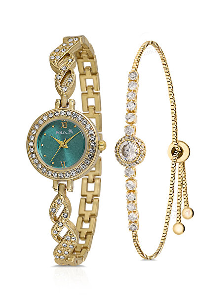 Polo Air Zarif Vintage Kadın Kol Saati Zirkon Taşlı Yuvarlak Bileklik Kombin Gold Yeşil Renk PL-1538B3