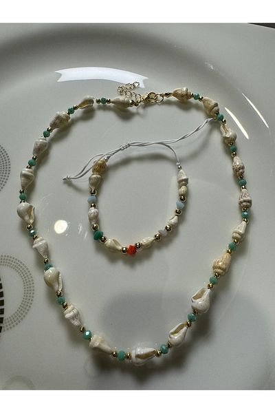 MODA طقم مجوهرات صيفية للنساء على شكل صدفة وخرز - قلادة وسوار
