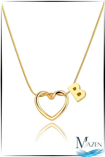 MAZEN قلادة على شكل قلب ذهبي اللون - فولاذ جراحي غير قابل للتلطيخ - حرف B