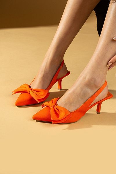 Pembe Potin Orange Satin Bow Back Strappy Low Heel Graduation Office Classic Heeled Shoes