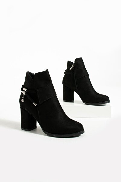 Pembe Potin Women's Black Suede Heeled Zippered Comfortable Sole Daily Use Buckle Classic Boots