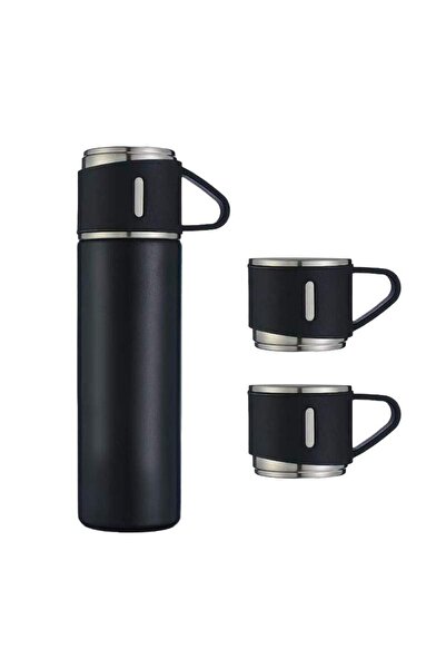 SIKS Set termos cu interior din oțel inoxidabil și 2 căni suplimentare, capacitate 500 ml, negru