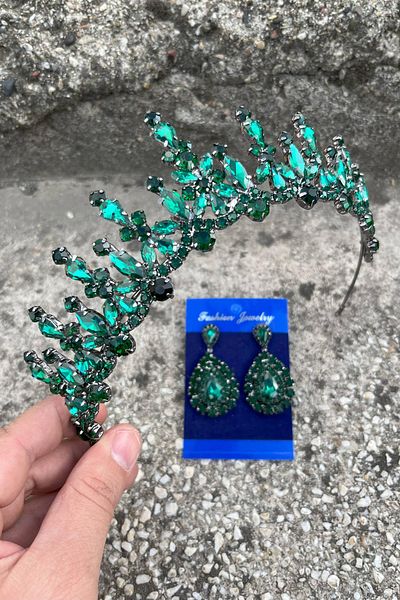 Hobigram Elvira Green Bridal Henna Crown Special Occasion Accessory Women's Crown and Drop Shuttle Earrings Set