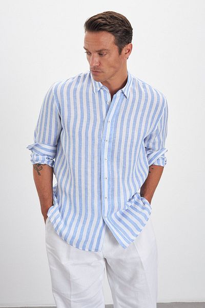 Paşahan Relax Fit Striped Bottom Collar 100% Linen Men's Shirt
