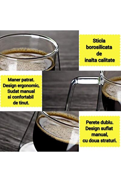 SIKS Set of 4 SIKS Glass Mugs, Double Walled, Heat Resistant, Coffee Model, Capacity 200 ML, Transparent