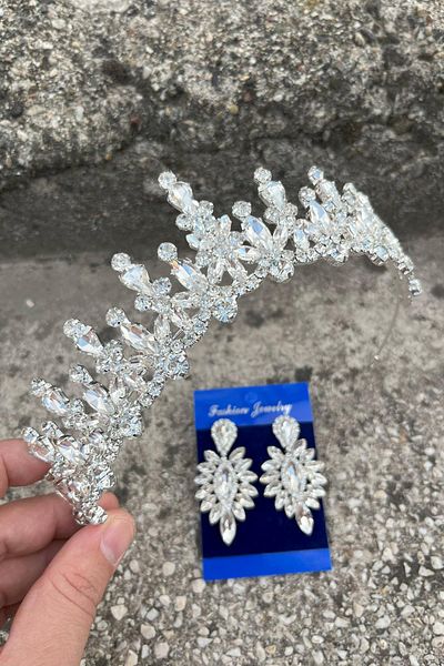 Hobigram Elvira Silver Bridal Henna Crown Special Occasion Accessory Women's Crown and Thin Shuttle Earring Set