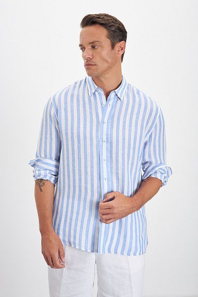 Paşahan Relax Fit Striped Bottom Collar 100% Linen Men's Shirt