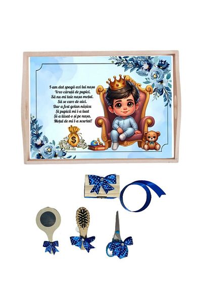 Botez Boy's name cutting tray set - king boy - blue, 6 pieces