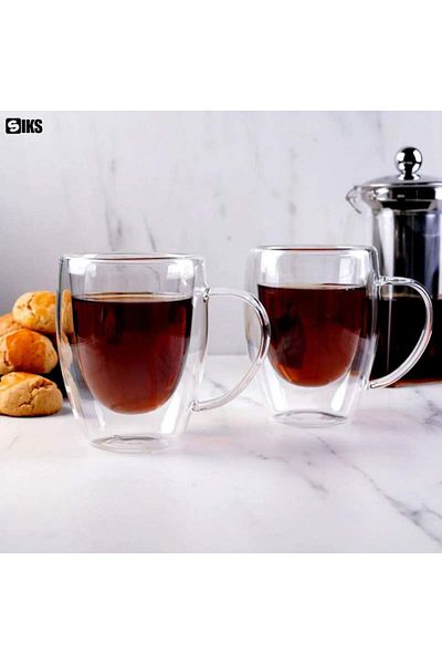 SIKS Set of 2 SIKS Glass Mugs, Double Walled, Heat Resistant, Capacity 350 ML, Transparent