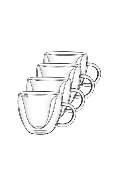 SIKS Set of 4 SIKS Double-Walled Glass Mugs, 4 Round Glass Saucers, Capacity 250 ML, Transparent