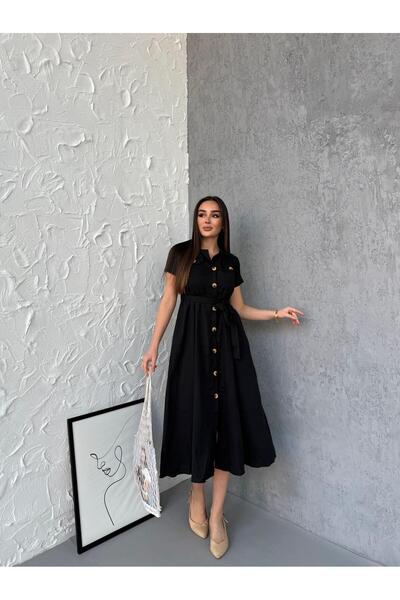 Anna Moda Siyah Kısa Kol Kuşaklı Elbise
