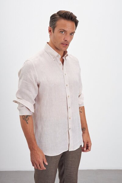 Paşahan Lapel Button Comfort Fit 100% Linen Men's Shirt