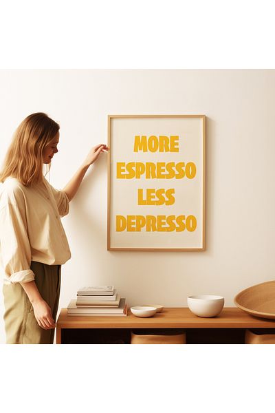 ARTHOUSECOLLECTIVE Περισσότερο Espresso Less Depresso – Κίτρινο - Μοντέρνα Τυπογραφία Αφίσα Τοίχου Καφέ - Αφίσα χωρίς πλαίσιο