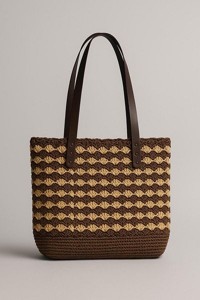 Lina Ahşap Diyarı Straw Bag Leather Handle Bag Brown Cream Fan Model