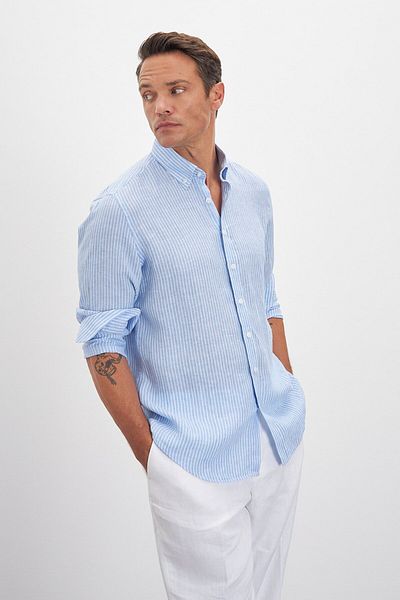 Paşahan Lapel Button Striped Comfort Fit 100% Linen Men's Shirt